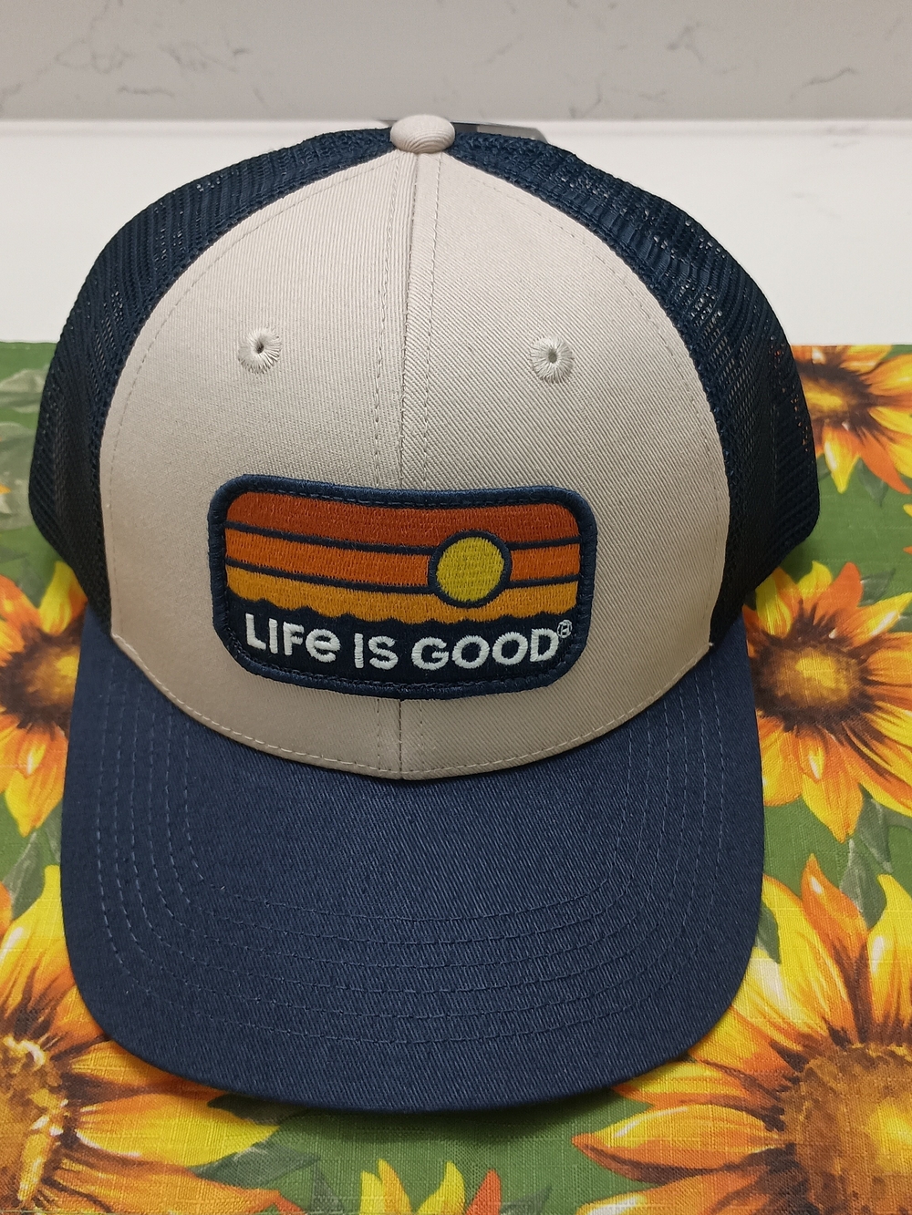Life Is Good Trucker Sunrise Water Stripe Hat Navy And Bone Adjustable Mesh